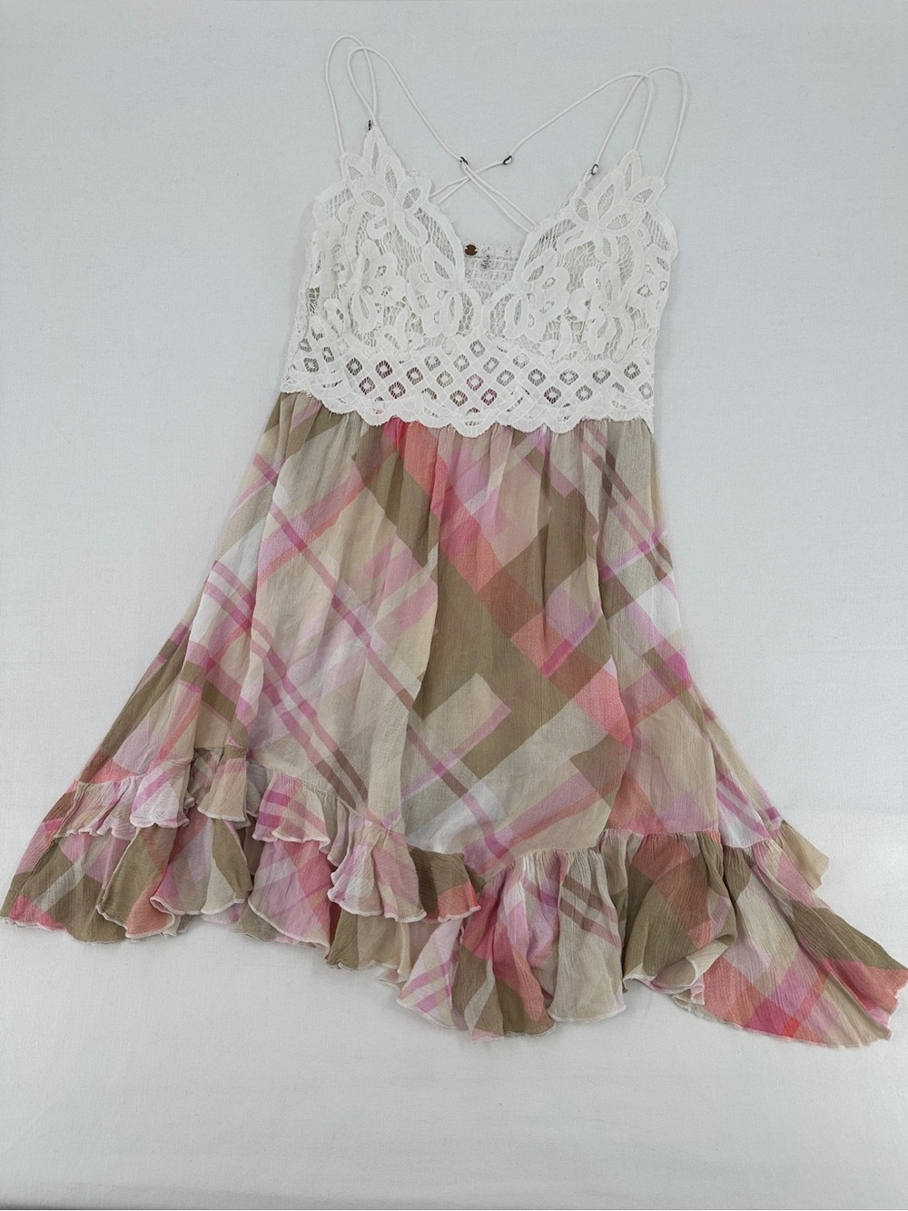 Free People FP One Adella Plaid Crochet Lace Tiered Dress Boho Cottage Festival